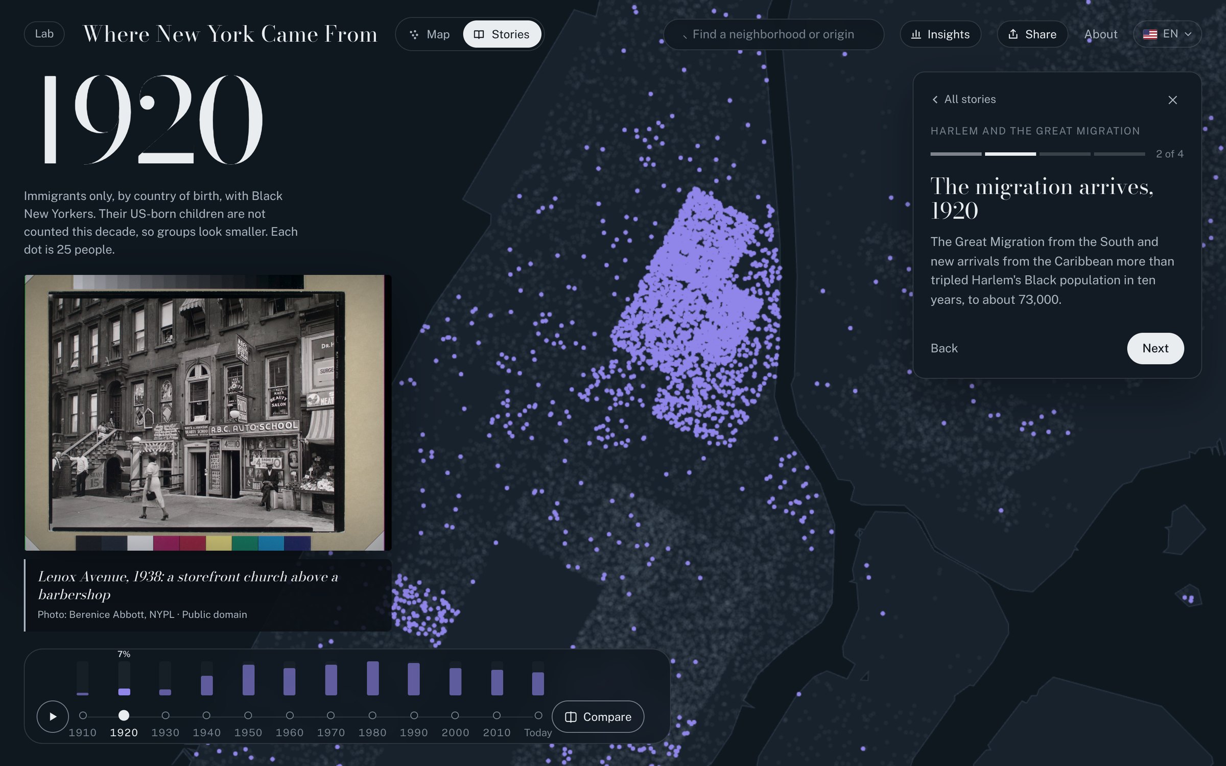 The map open on the Harlem story, 1920, with an archive photograph of Lenox Avenue